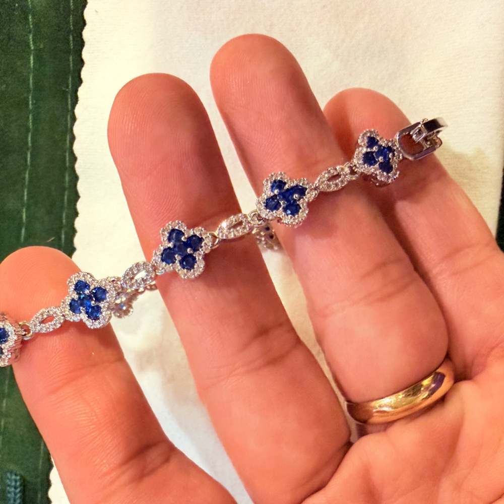 Women's Blue Sapphire Flower Link Bracelet - Sterling Silver - Picture 4 of 6